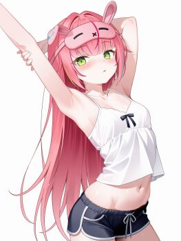 1girl absurdres animal_ears arm_behind_head armpits arms_up bare_arms bare_shoulders black_shorts breasts camisole commentary cowboy_shot crop_top crop_top_overhang dolphin_shorts drawstring fake_animal_ears green_eyes hanako_nana highres long_hair looking_at_viewer midriff navel parted_lips pink_hair rabbit_ears rim_(rimmon2438) see-through_silhouette shirt short_shorts shorts simple_background sleep_mask sleeveless sleeveless_shirt small_breasts solo spaghetti_strap stellive stomach stretching very_long_hair virtual_youtuber white_background white_shirt