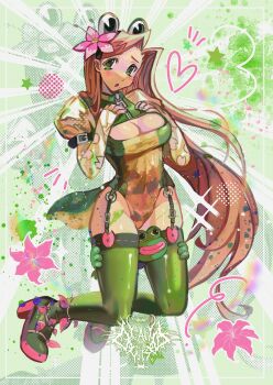 1girl absurdly_long_hair boy's_club breasts brown_hair cleavage_cutout clothing_cutout commentary english_commentary flower frog_girl garter_straps gleamyguts green_eyes green_leotard green_shoes green_thighhighs hair_flower hair_ornament halftone hands_on_own_chest highres large_breasts leotard long_hair looking_at_viewer original pepe_the_frog pink_flower puffy_short_sleeves puffy_sleeves shoes short_sleeves solo thighhighs very_long_hair watermark zipper zoom_layer