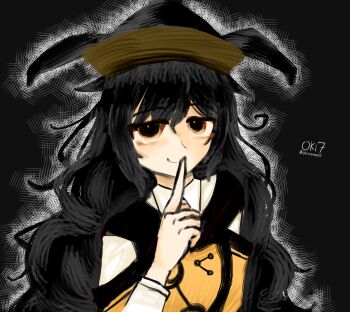 1girl alternate_hair_color artist_name black_background black_hair black_hat brown_eyes closed_mouth collared_shirt commentary constellation_print detached_sleeves english_commentary hair_between_eyes half-closed_eyes hand_up hat highres index_finger_raised long_hair long_sleeves looking_at_viewer matara_okina oki7_(okinana07) orange_sleeves orange_tabard shirt simple_background smile solo tabard touhou upper_body wavy_hair white_shirt wide_sleeves