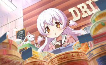 Rule 34 | 1girl, :3, :o, artist request, barcode, brown eyes, brown scrunchie, brown sleeves, ceiling, ceiling light, cheese, commentary, curious, dot nose, finger to own chin, fingernails, food, from below, game cg, hair between eyes, hair ornament, hair scrunchie, highres, indoors, kyubey, layered sleeves, light blush, light particles, long hair, long sleeves, looking at food, mahou shoujo madoka magica, mahou shoujo madoka magica: hangyaku no monogatari, mahou shoujo madoka magica magia exedra, menu board, momoe nagisa, official art, open mouth, pink shirt, puffy short sleeves, puffy sleeves, red eyes, sailor collar, scrunchie, shirt, short over long sleeves, short sleeves, sleeves past wrists, solo focus, supermarket, tareme, third-party source, tile ceiling, tiles, two side up, wavy hair, white hair, white sailor collar