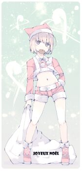 1girl ankle_boots anpan belt blonde_hair boots border crop_top cropped_jacket expressionless food food_in_mouth full_body ganges_gawa green_background hat highres jitome kimuraya_anko looking_at_viewer midriff navel santa_costume santa_hat short_hair shorts solo standing ukagaka yellow_eyes