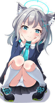 1girl absurdres animal_ear_fluff animal_ears blue_archive blue_scarf commentary_request cross_hair_ornament grey_hair hair_ornament halo highres looking_at_viewer panties pantyshot scarf school_uniform shiroko_(blue_archive) shoes sills simple_background skirt smile socks solo squatting underwear white_background white_panties white_socks wolf_ears