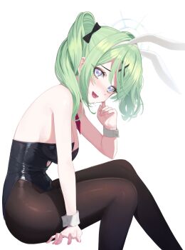 Rule 34 | 1girl, :d, absurdres, animal ear hairband, animal ears, arm at side, arm support, bare arms, bare shoulders, black bow, black hiphighs, black leotard, blush, bow, breasts, commentary request, fake animal ears, feet out of frame, green hair, grey eyes, hair bow, hair ornament, hairband, hand up, highres, hiphighs, huhe 01, invisible chair, korean commentary, large breasts, leotard, looking at viewer, looking to the side, medium hair, nervous smile, nose blush, open mouth, playboy bunny, rabbit ear hairband, rabbit ears, simple background, sitting, smile, solo, stellive, strapless, strapless leotard, virtual youtuber, white background, white hairband, white wrist cuffs, wrist cuffs, x hair ornament, yuzuha riko