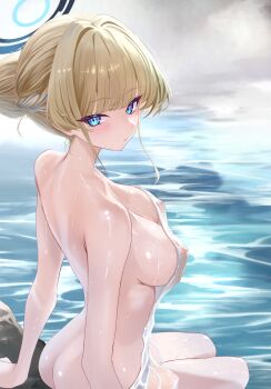 1girl alternate_hairstyle ass back bare_shoulders blonde_hair blue_archive blue_eyes blue_halo braid breasts covered_erect_nipples from_side hair_bun hair_intakes halo highres long_hair looking_at_viewer looking_to_the_side medium_breasts naked_towel nipples noa_(skae3323) onsen outdoors see-through_towel sideboob sitting solo steam thighs toki_(blue_archive) towel water wet wet_towel