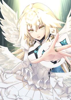 Rule 34 | 1girl, angel wings, armor, blonde hair, breasts, chi wa, collared shrug, dress, fate/grand order, fate (series), feathered wings, hair between eyes, head on knee, headpiece, highres, jeanne d'arc (fate), jewelry, long hair, long sleeves, looking at viewer, medium breasts, metatron jeanne (fate), metatron jeanne (third ascension) (fate), multiple wings, open mouth, outstretched hand, reaching, reaching towards viewer, ring, shrug (clothing), solo, spread fingers, trinity metatronius (fate/grand order), very long hair, white armor, white dress, white wings, wings, yellow eyes