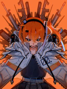 1girl a.i._voice adachi_rei assault_rifle belt black_shirt blurry coat depth_of_field gloves grey_skirt gun hair_between_eyes hair_ornament hair_ribbon headphones highres looking_at_viewer medium_hair nakam1ya one_side_up open_clothes open_coat open_mouth orange_background orange_eyes orange_hair outstretched_arms reaching reaching_towards_viewer ribbon rifle shirt skirt smile solo standing straight-on teeth upper_body utau v-shaped_eyebrows weapon white_gloves