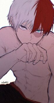 1boy abs arm_up bkgktkchbmh black_pants blue_eyes boku_no_hero_academia brown_eyes burn_scar commentary_request double-parted_bangs hair_between_eyes heterochromia male_focus multicolored_hair pants pectorals red_hair scar scar_on_face solo split-color_hair todoroki_shoto topless_male white_hair wiping_mouth