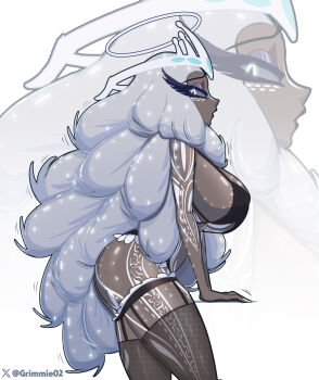 1girl :o absurdres artist_name big_hair black_bra black_lips black_panties bra brown_thighhighs colored_sclera cowboy_shot dark-skinned_female dark_skin from_side grey_hair grey_sclera grimmie02 halo hazbin_hotel hellaverse highres long_hair panties sera_(hazbin_hotel) solo thighhighs underwear white_background white_eyes white_nails