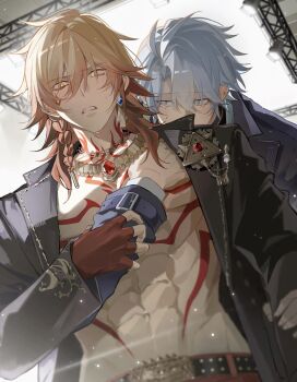 Rule 34 | 2boys, abs, absurdres, antenna hair, belt, black belt, black jacket, black shirt, blonde hair, blue coat, blue eyes, blush, braid, chest tattoo, chinese commentary, coat, collared shirt, commentary request, earrings, facial tattoo, gem, gold earrings, gold necklace, grabbing from behind, gradient hair, highres, honkai: star rail, honkai (series), jacket, jewelry, male focus, medium hair, multicolored hair, multiple boys, mydei (honkai: star rail), mydei (nylon japan) (honkai: star rail), necklace, official alternate costume, oh qing yang, open clothes, open jacket, pants, parted bangs, pectoral grab, phainon (honkai: star rail), phainon (nylon japan) (honkai: star rail), red gemstone, red hair, red pants, red tattoo, shirt, short hair, side braid, tattoo, toned, toned male, white hair, white shirt, yaoi, yellow eyes