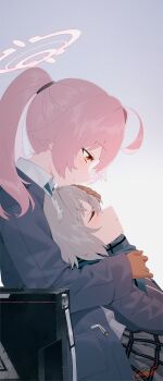 2girls ahoge animal_ear_fluff animal_ears ballistic_shield blew_andwhite blue_archive blue_coat blue_jacket blue_necktie blue_scarf blush brown_gloves closed_eyes closed_mouth coat colored_inner_hair commentary_request dress_shirt gloves grey_hair grey_skirt hair_between_eyes hair_tie halo hand_on_another's_head high_ponytail highres hoshino_(blue_archive) hoshino_(second_year)_(blue_archive) jacket long_sleeves looking_at_another lying_on_person medium_hair multicolored_hair multiple_girls necktie orange_eyes parted_lips pink_hair pink_halo plaid_clothes plaid_skirt ponytail scarf shield shiroko_(blue_archive) shiroko_(young)_(blue_archive) shirt short_hair signature skirt sleeping smile upper_body white_hair white_shirt wolf_ears wolf_girl