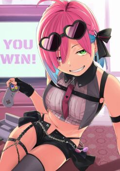 1girl arm_support black_shorts bob_cut braid breast_strap breasts chest_harness commentary_request contrapposto controller crop_top cropped_shirt cropped_vest earrings game_console game_controller green_eyes grey_thighhighs grey_vest grin hair_over_one_eye hair_ribbon harness heart heart-shaped_eyewear heterochromia highres himemori_luna himemori_luna_(streetwear) holding holding_controller holding_game_controller hololive indoors jewelry looking_at_viewer marushi medium_breasts official_alternate_costume official_alternate_hair_length official_alternate_hairstyle open_fly panty_straps parted_hair pink_hair purple_eyes ribbon ribbon-trimmed_sleeves ribbon_trim shirt short_shorts shorts side_braid single_thighhigh sleeveless smile smug solo star_o-ring sunglasses super_famicom super_famicom_gamepad tassel tassel_earrings thighhighs vest virtual_youtuber white_shirt