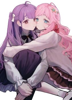 Rule 34 | 2girls, absurdres, ahoge, black skirt, black socks, blue eyes, chofu noriko, commentary, dress, english commentary, hair ornament, hair ribbon, highres, hime.udon, hug, ikizulive! love live! bluebird, kanazawa miracle, long hair, long sleeves, looking at viewer, love live!, multiple girls, pink hair, purple dress, purple eyes, purple hair, purple ribbon, ribbon, shirt, sitting, skirt, socks, star (symbol), star hair ornament, sweater, twintails, white ribbon, white shirt, white sweater