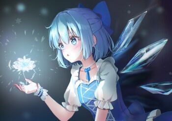 1girl alternate_costume back_bow blue_bow blue_dress blue_eyes blue_hair bow cirno commentary_request cryokinesis detached_wings dress hair_bow ice ice_flower ice_wings jewelry medium_hair necklace open_mouth pearl_necklace puffy_short_sleeves puffy_sleeves shironeko_yuuki short_sleeves solo touhou wings
