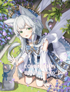 1girl animal_ears arknights cat_ears cat_girl cat_tail commentary_request commission dress flower green_eyes long_hair official_alternate_costume rosmontis_(an_airy_dream)_(arknights) rosmontis_(arknights) shironekoban skeb_commission smile solo tail