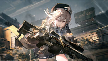 Rule 34 | 1girl, beret, black gloves, bolt action, brown hair, bullet, cheyanne (girls' frontline 2), cheytac m200, chinese commentary, commentary request, dalanxia, game cg, girls' frontline, girls' frontline 2: exilium, gloves, gun, hat, highres, holding, holding gun, holding weapon, jacket, m200 (girls' frontline), official art, outdoors, pleated skirt, purple eyes, rifle, road, scope, second-party source, skirt, sniper rifle, solo, street, sweat, torn clothes, weapon