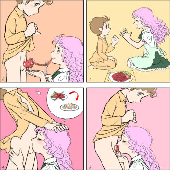 1boy 1girl 4koma apron bad_id bad_pixiv_id blush brown_hair closed_eyes comic cote cum cum_in_mouth deepthroat fellatio food fork hand_on_another's_head hetero long_hair no_pants oral original pajamas pasta penis pink_background pink_hair rock_paper_scissors sequential short_hair shota simple_background small_penis smile spaghetti testicles uncensored