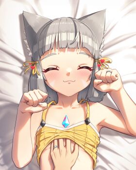 1girl alten animal_ear_fluff animal_ears bed belly_rub blunt_bangs blunt_tresses blush breasts cat_ears cat_girl closed_eyes closed_mouth commentary core_crystal_(xenoblade) dated_commentary english_commentary facing_viewer from_above grey_hair heart hetero highres jewelry lying nia_(xenoblade) on_back pov pov_hands rex_(xenoblade) ring shirt short_hair sleeveless sleeveless_shirt small_breasts solo_focus wedding_ring xenoblade_chronicles_(series) xenoblade_chronicles_2 yellow_shirt