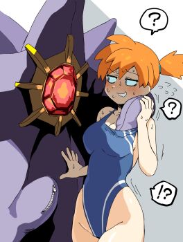 !? 1girl ? bare_arms bare_shoulders bestiality blue_eyes blue_one-piece_swimsuit blush breasts cleavage clothes_pull collarbone competition_swimsuit covered_navel cowboy_shot embarrassed flying_sweatdrops gem gen_1_pokemon grabbing_another's_breast grin groin groping hair_tie half-closed_eyes hand_under_clothes hand_under_shirt hand_up highleg looking_at_another looking_to_the_side medium_breasts mega_starmie misty_(pokemon) molestation nervous nervous_smile nervous_sweating nintendo one-piece_swimsuit one-piece_swimsuit_pull orange_hair pokemon pokemon_(anime) pokemon_(classic_anime) pokemon_(creature) pokephilia ponytail print_swimsuit raised_eyebrows shiny_skin shirt short_hair side_ponytail simple_background smile speech_bubble spoken_interrobang spoken_question_mark standing starmie sweat swimsuit white_background yama_batake