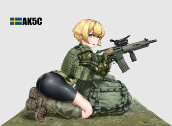 1girl ak_5 ass assault_rifle backpack bag bike_shorts blonde_hair blue_eyes bulletproof_vest ceramic_plate commentary fn_fnc from_side grey_background gun highres holding holding_gun holding_weapon kneeling left-handed military_uniform on_grass open_mouth original red_dot_sight reloading rifle short_hair solo swedish_flag trigger_discipline unworn_backpack unworn_bag weapon