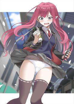 1girl bag baobhan_sith_(fate) black_jacket blazer blue_bag blue_sweater blush cup fate/grand_order fate_(series) grey_eyes grey_skirt grey_thighhighs highres holding holding_cup jacket long_hair looking_down necktie open_mouth panties pink_hair pointy_ears red_necktie school_bag school_uniform shimouki_izui sidelocks skirt solo sweater thighhighs underwear wavy_mouth white_panties wind wind_lift