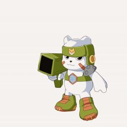 animated armor bazooka beak box chackmon christmas digimon firing gift gift_box gun highres holding holding_gun holding_weapon video weapon