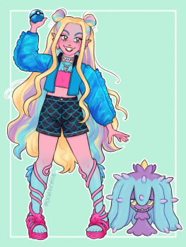 Rule 34 | 1girl, absurdres, artist name, black shorts, blonde hair, blue eyes, blue jacket, colored sclera, crossover, dive ball, fangs, fins, gen 7 pokemon, green background, grin, head fins, highres, holding, holding poke ball, jacket, jewelry, lagoona blue, long hair, looking at viewer, mareanie, midriff, monster high, multicolored hair, mxwormie, necklace, nintendo, open clothes, open jacket, pink shirt, poke ball, pokemon, pokemon (creature), sandals, shirt, shorts, smile, spikes, yellow sclera