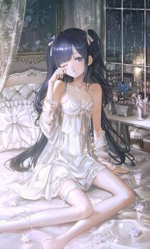 1girl bare_shoulders barefoot black_hair blush breasts commentary_request expressionless flower hair_ribbon highres long_hair looking_at_viewer night nightgown off_shoulder on_bed one_eye_closed original painting_(object) parted_lips purple_eyes rain ribbon rubbing_eyes small_breasts solo thigh_strap water_on_glass window yur1ca