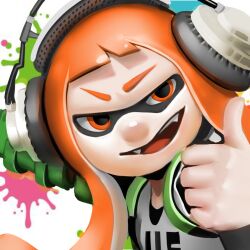 Rule 34 | 1girl, commentary request, fangs, headphones, inkling girl, inkling player character, kuro kosyou, long hair, looking at viewer, nintendo, open mouth, orange eyes, orange hair, paint splatter, shirt, solo, splatoon (series), tentacle hair, thick eyebrows, thumbs up, upper body, v-shaped eyebrows, white background, white shirt