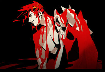 Rule 34 | 1boy, animal skull, bare pectorals, black background, black hair, blood, blood on body, blood on face, commentary, greco-roman clothes, hades (series), hades 1, highres, looking ahead, male focus, parted lips, pectorals, short hair, solo, spiked hair, tokireii, zagreus (hades)