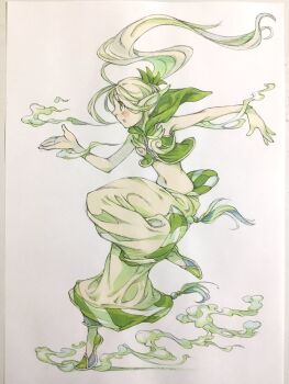 Rule 34 | 1girl, bare arms, blonde hair, commentary, cropped vest, floating hair, from side, full body, green eyes, green shoes, green vest, hand up, highres, hood, hood down, hooded vest, hoodie, looking ahead, midriff, navel, original, pants, parted lips, peter salt, pointy ears, ponytail, puffy pants, shoes, smile, solo, standing, standing on one leg, steam, tiptoes, traditional media, vest, white pants