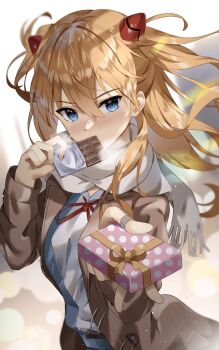 Rule 34 | 1girl, @shun, blue eyes, blush, chocolate, highres, interface headset (evangelion), long hair, looking at viewer, neon genesis evangelion, scarf, souryuu asuka langley, two side up, valentine