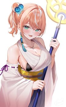 1girl aqua_eyes aqua_nails bare_shoulders beads black_bra bra bracelet breasts cleavage commentary_request cosplay detached_sleeves fang final_fantasy final_fantasy_x hair_beads hair_between_eyes hair_ornament highres holding holding_staff horo_27 igarashi_rika japanese_clothes jewelry large_breasts long_skirt long_sleeves looking_at_viewer mole mole_on_breast multicolored_hair necklace nijisanji nontraditional_miko obi orange_hair partial_commentary sash signature simple_background skirt solo staff streaked_hair two-tone_hair underwear virtual_youtuber white_background white_streaks wide_sleeves yuna_(ff10)