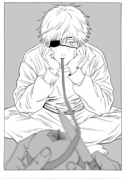 Rule 34 | 1boy, 1other, blush, border, chainsaw man, commentary request, denji (chainsaw man), eating, eyepatch, grey background, hands on own cheeks, hands on own face, highres, indian style, long sleeves, looking at viewer, male focus, mekill215280, pants, peeling, short hair, simple background, sitting, solo focus, white border