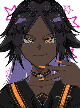 1girl artist_name bleach choker collarbone dark-skinned_female dark_skin female_focus fingernails hair_down highres licking_lips long_fingernails looking_at_viewer mmsb_551 parted_bangs peace_symbol purple_hair sailor_collar shihouin_yoruichi simple_background tongue tongue_out upper_body white_background yellow_eyes