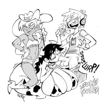 1boy 2girls animal_print ass bell belly bikini blush boots braces breasts choker collar cow_horns cow_print cow_print_bikini cow_print_thighhighs cowbell cowboy_boots cowboy_hat cowgirl_outfit curvy dumfer fellatio femdom gerph gigantic_breasts glasses gloves hat headphones highres horns huge_ass huge_breasts large_penis lasso leash multiple_girls navel oral original penis penis_out plump print_bikini print_thighhighs pubic_hair sex skarpworld skindentation small_breasts smirk sound_effects surprised swimsuit testicles thick_thighs thighhighs thighs