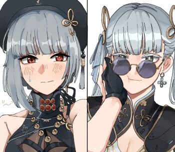2girls bare_shoulders bespectacled black_collar black_gloves black_hat black_shirt breasts bright_pupils capkal cheek_press cleavage closed_mouth collar colored_eyelashes commentary_request earrings glasses gloves grey_hair hand_on_another&#039;s_cheek hand_on_another&#039;s_face hat jewelry jinhsi_(wuthering_waves) looking_at_viewer looking_over_eyewear mismatched_irises mole mole_under_mouth multiple_girls partial_commentary red_eyes round_eyewear sanhua_(wuthering_waves) shirt simple_background sleeveless sleeveless_shirt sunglasses tacet_mark_(wuthering_waves) white_background white_eyelashes white_eyes white_pupils wuthering_waves