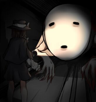 1girl black_capelet black_hat black_skirt bow bridge_worm brown_hair capelet claws clenched_hand commentary creature english_commentary flashlight hair_bow hat hat_bow highres holding holding_flashlight horror_(theme) kano33 long_sleeves mask open_mouth shirt short_hair skirt standing touhou tunnel usami_renko white_shirt