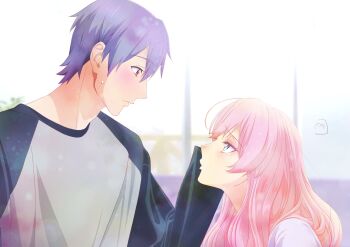 1boy 1girl blue_eyes blue_hair blush commentary couple crying crying_with_eyes_open from_side fuufu_ijou_koibito_miman. grey_shirt highres long_hair long_sleeves nervous_sweating nori_(norimakigumo) pink_hair red_eyes shirt short_hair signature sweat tears watanabe_akari white_shirt wiping_tears yakuin_jirou