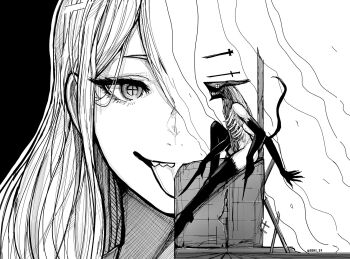 1girl :p artist_name black_background blood_devil_(chainsaw_man) bone chainsaw_man colored_extremities cross-shaped_pupils extra_arms extra_hands from_side greyscale hashtag-only_commentary highres long_hair looking_at_viewer monochrome monster_girl organs outline portrait power_(chainsaw_man) ruins seki_31_(artist) sharp_teeth sitting smoke split_crop split_theme straight-on symbol-shaped_pupils teeth tongue tongue_out upper_teeth_only white_outline