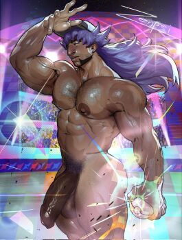 1boy abs alternate_muscle_size arm_hair artist_name bara commentary completely_nude dark-skinned_male dark_penis dark_skin english_commentary facial_hair foreskin girthy_penis hat highres holding holding_poke_ball large_areolae large_pectorals large_penis leg_hair leon_(pokemon) lips long_hair male_focus male_pubic_hair muscular muscular_male navel nintendo nipples nude parted_lips pectorals penis poke_ball pokemon pokemon_swsh premier_ball pubic_hair public_indecency public_nudity purple_hair solo stubble testicles veins zenpei