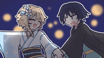 Rule 34 | 1boy, 1girl, alternate costume, aqua kimono, aqua sleeves, arm at side, black hair, black haori, black sleeves, blonde hair, blue background, blue flower, blunt ends, blurry, blurry background, blush, braid, braided sidelock, closed eyes, commentary, english commentary, eyelashes, facing another, floral print, floral print kimono, flower, genshin impact, hair flower, hair ornament, half up half down braid, haori, hetero, highres, japanese clothes, kimono, lumine (genshin impact), multicolored flower, obi, obiage, obijime, open mouth, outline, outstretched arm, print kimono, remhotaru, sash, scaramouche (genshin impact), short hair, short hair with long locks, sidelocks, teeth, two-sided sleeves, upper teeth only, white flower, white kimono, white outline, white sleeves, wide sleeves, wispy bangs