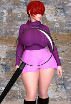 1girl boots breasts curvy glass huge_breasts large_breasts long_hair magnifying_glass pale_skin ponytail red_hair ryu4life shermie_(kof) skirt sweater the_king_of_fighters thick_lips thick_thighs thighs twintails wide_hips