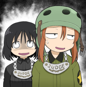 Rule 34 | 2girls, aura, black hair, black shirt, brown hair, dark aura, empty eyes, girls und panzer, girls und panzer saishuushou, gorget, green jacket, helmet, helmet-chan (girls und panzer), highres, inatomi hibiki, jacket, japanese tankery league judge uniform, multiple girls, saunders military uniform, shirt, spoilers, star (symbol), sweatdrop, tank helmet, yunji