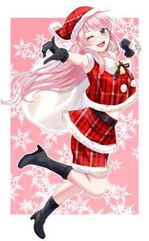 1girl bang_dream! bang_dream!_it&#039;s_mygo!!!!! bell black_boots black_gloves black_ribbon blush boots border chihaya_anon commentary english_commentary fukumaru1021 full_body fur-trimmed_skirt fur_trim gift_bag gloves grey_eyes hat highres long_hair neck_bell neck_ribbon one_eye_closed open_mouth outline outside_border pink_background pink_hair plaid_clothes plaid_hat plaid_skirt red_hat red_skirt ribbon santa_costume santa_hat skirt solo teeth unmoving_pattern upper_teeth_only white_border white_outline