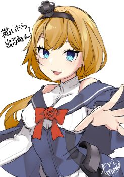 1girl absurdres amai_mitsu_(artist) black_hairband blonde_hair blue_capelet blue_eyes capelet commentary_request foreshortening hairband highres kantai_collection low_ponytail open_mouth ponytail reaching reaching_towards_viewer shirt signature simple_background smile solo upper_body valiant_(kancolle) white_background white_shirt
