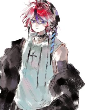 1boy absurdres adapted_costume black_collar black_hat black_jacket blue_eyes closed_mouth collar commentary fang fang_out hair_between_eyes hat highres hood hood_down hoodie jacket long_sleeves male_focus multicolored_hair purple_hair red_hair short_hair simple_background sleeveless sleeveless_hoodie solo streaked_hair sumino_takumi symbol-only_commentary the_hundred_line_-last_defense_academy- two-tone_hair upper_body white_background white_hoodie yanrenxi20831