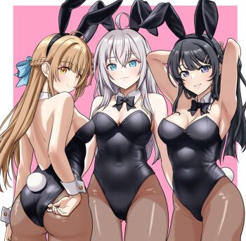 3girls adjusting_clothes adjusting_leotard ahoge alisa_mikhailovna_kujou animal_ear_hairband animal_ears ass black_bow black_bowtie black_hair black_leotard blue_eyes bow bowtie braid breasts brown_eyes brown_hair brown_pantyhose cheesecake_(artist) cleavage commentary_request commission crossover detached_collar fake_animal_ears grey_eyes grey_hair hairband half_up_braid leotard looking_at_viewer looking_back medium_breasts multiple_girls otonari_no_tenshi-sama_ni_itsu_no_mani_ka_dame_ningen_ni_sarete_ita_ken pantyhose pink_background playboy_bunny rabbit_ears rabbit_tail sakurajima_mai season_connection seishun_buta_yarou shiina_mahiru_(otonari_no_tenshi-sama) skeb_commission strapless strapless_leotard tail tokidoki_bosotto_roshia-go_de_dereru_tonari_no_alya-san wrist_cuffs