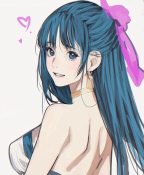 1girl bare_shoulders blue_eyes bow breasts commentary_request d.k dragon_quest dragon_quest_v dress earrings flora_(dq5) gold_choker gold_earrings grey_background hair_bow half_updo jewelry long_hair looking_at_viewer medium_breasts parted_lips purple_bow simple_background smile solo straight_hair upper_body white_dress