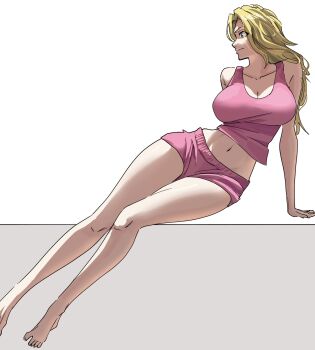 barefoot bleach blonde_hair breasts cleavage commentary highres long_hair long_legs looking_to_the_side matsumoto_rangiku navel pink_shorts pink_tank_top ririvart shiny_skin short_shorts shorts tank_top