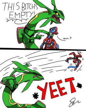 alien angry deoxys deoxys_(normal) disgust dragon english_text fang fangs gen_3_pokemon highres legendary_pokemon looking_at_another looking_at_viewer motion_lines mythical_pokemon nintendo no_humans open_mouth paulbagnot pokemon pokemon_(creature) rayquaza serious shaded_face sharp_teeth skin_fang tail teeth tentacles throwing violence yellow_eyes